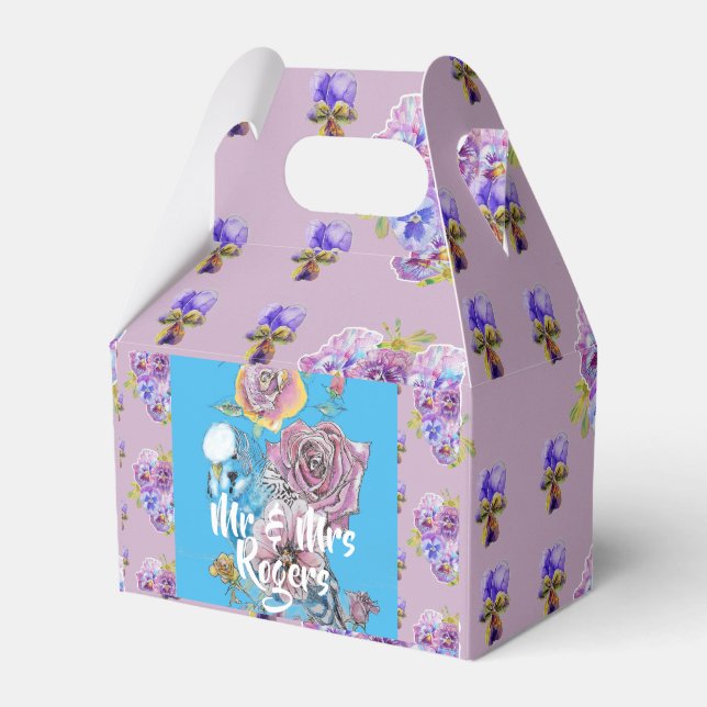 Budgie Watercolor floral lilac Wedding Cake Box (Front Side)