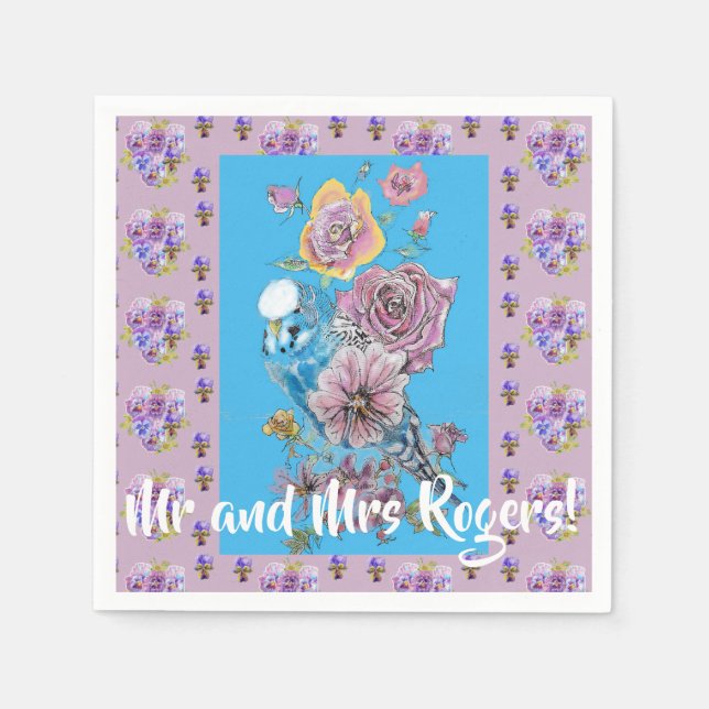 Budgie Watercolor floral Wedding Paper Napkins (Front)