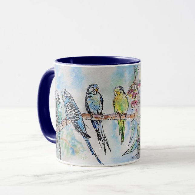 Budgie Watercolor Mug Royal Navy Blue (Front Left)
