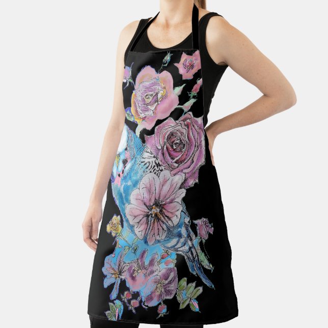 Budgie Watercolor Rose Floral Design Black Apron (Insitu)
