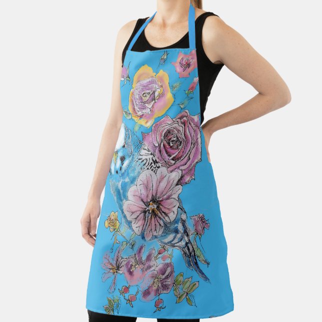 Budgie Watercolor Rose Floral Design Blue Apron (Insitu)