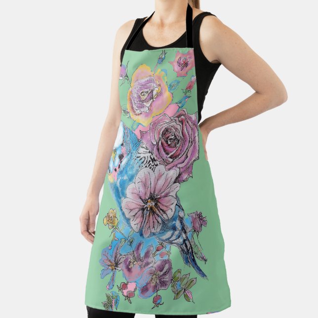 Budgie Watercolor Rose Floral Design Green Apron (Insitu)
