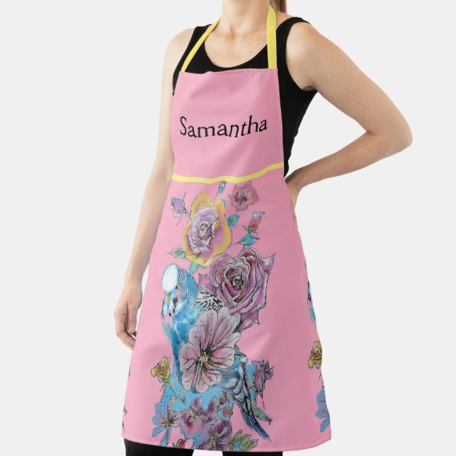 Budgie Watercolor Rose Floral Design Pink Apron (Insitu)