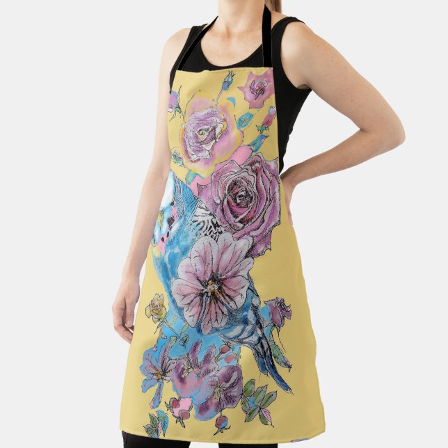 Budgie Watercolor Rose Floral Design Yellow Apron (Insitu)