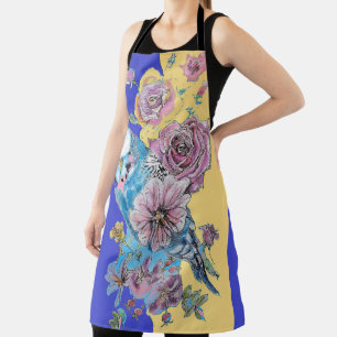 Budgie Watercolor Rose Floral Navy & Yellow Apron