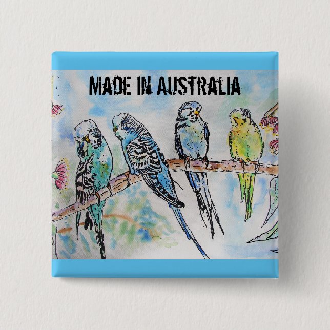 Budgie Watercolour Bird Cute Made In Australia 15 Cm Square Badge (Front)