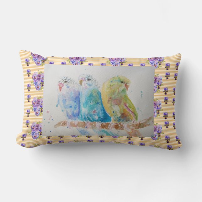 Budgie Watercolour budgies Cushion Yellow Floral (Front)