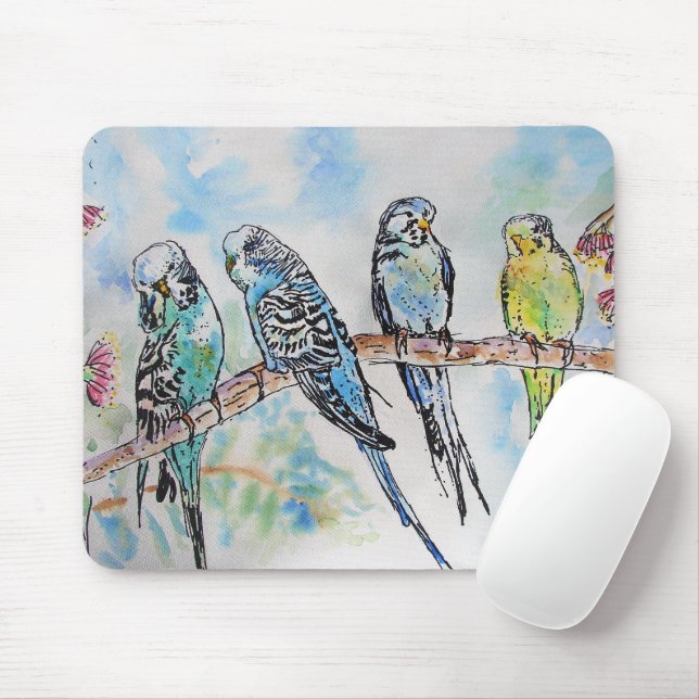 Budgie Watercolour Painting Bird birds Whimsical Mouse Mat (With Mouse)