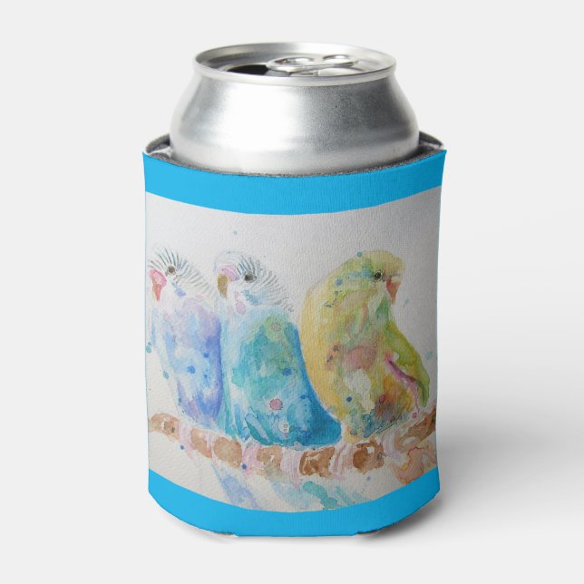 Budgie Watercolour Painting bird Budgies Aqua Teal Can Cooler (Can Front)