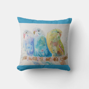 Budgie Watercolour Painting bird Cushion Aqua Teal