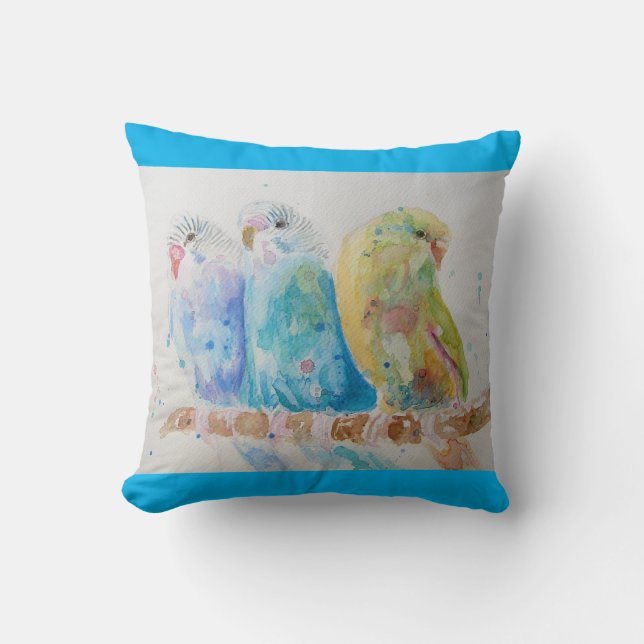 Budgie Watercolour Painting bird Cushion Aqua Teal (Front)