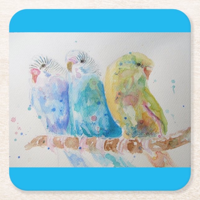 Budgie Watercolour Painting bird Cushion Aqua Teal Square Paper Coaster (Front)