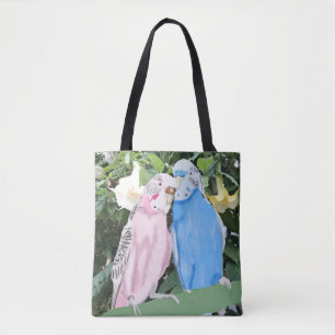 Budgies and white Angel Trumpet Flowers Tote Bag