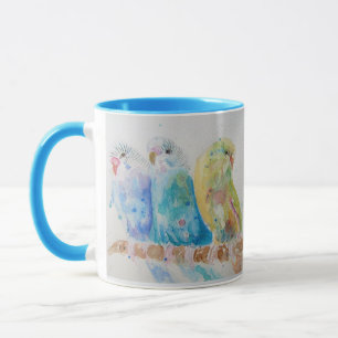 Budgies Three Sitting Branch Watercolor Mug Blue