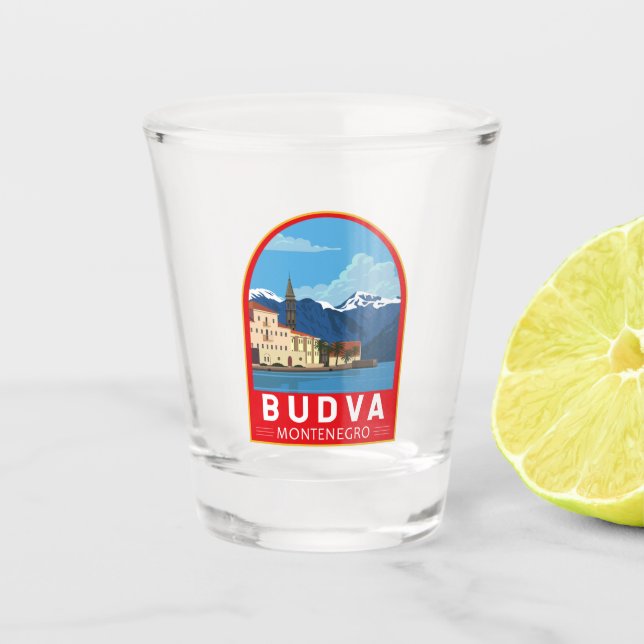 Budva Montenegro Retro Travel Art Vintage Shot Glass (Front)