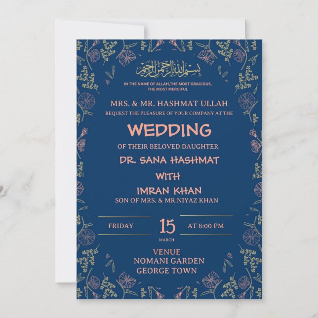Bue & Peach Floral Muslim Wedding Invitation (Front)