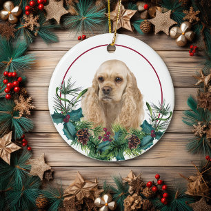 Buff American Cocker Spaniel Evergreen Wreath Ceramic Tree Decoration