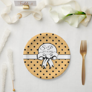 Buff Beige Black Polka Dot White Bow Personalised Paper Plate