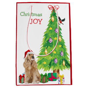 Buff Cocker Spaniel Santa Hat and Christmas Tree Medium Gift Bag