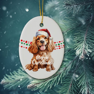 Buff Cocker Spaniel Santa Hat Holiday Beads Ceramic Tree Decoration