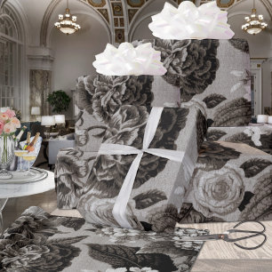 Buff Grey Modern Vintage Floral Toile Wrapping Paper