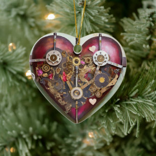 Buff Red Heart Steampunk Series Ceramic Tree Decoration
