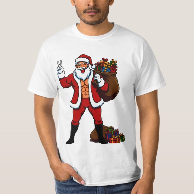 Buff Santa Peace Sign! Ripped Abs & Funny Christma T-Shirt (Front)