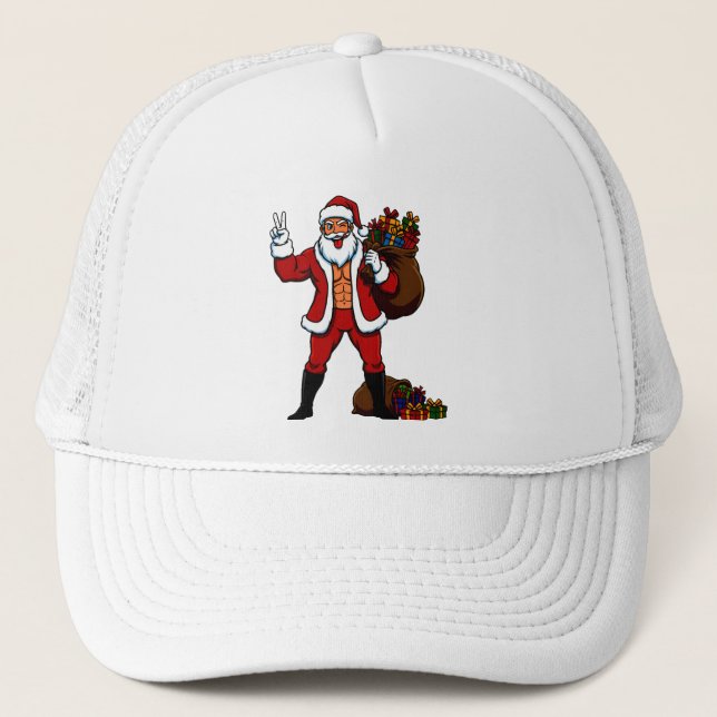 Buff Santa Peace Sign! Ripped Abs & Funny Christma Trucker Hat (Front)