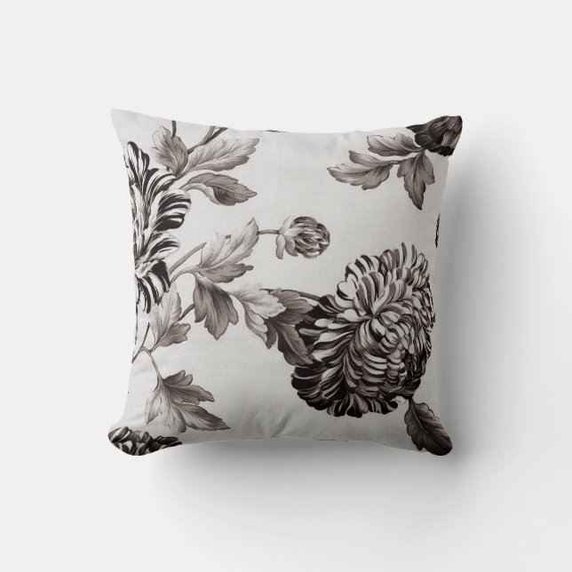 Buff Taupe Grey Vintage Botanical Floral Cushion (Front)