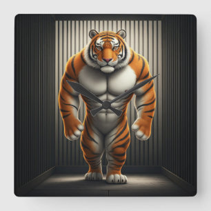 Buff tiger caged square clock