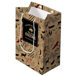 Buffalo Adventures Pattern Label Kraft/Red ID599 Medium Gift Bag