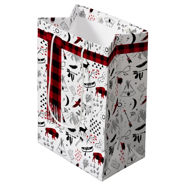 Buffalo Adventures Plaid Scarf Red and Black ID599 Medium Gift Bag (Front Angled)