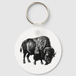Buffalo American Bison Vintage Wood Engraving Key Ring