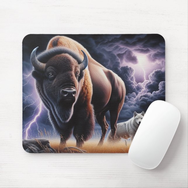 Buffalo and Wolf in a Thunderstorm with Lightning  Mouse Mat (With Mouse)