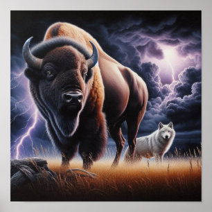Buffalo and Wolf in a Thunderstorm with Lightning Poster
