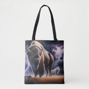 Buffalo and Wolf in a Thunderstorm with Lightning Tote Bag