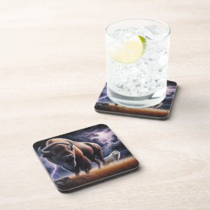 Buffalo and Wolf Thunderstorm Lightning Wildlife Coaster
