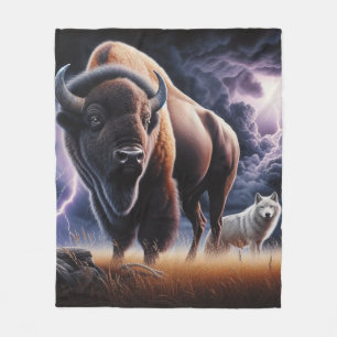 Buffalo and Wolf Thunderstorm Lightning Wildlife Fleece Blanket
