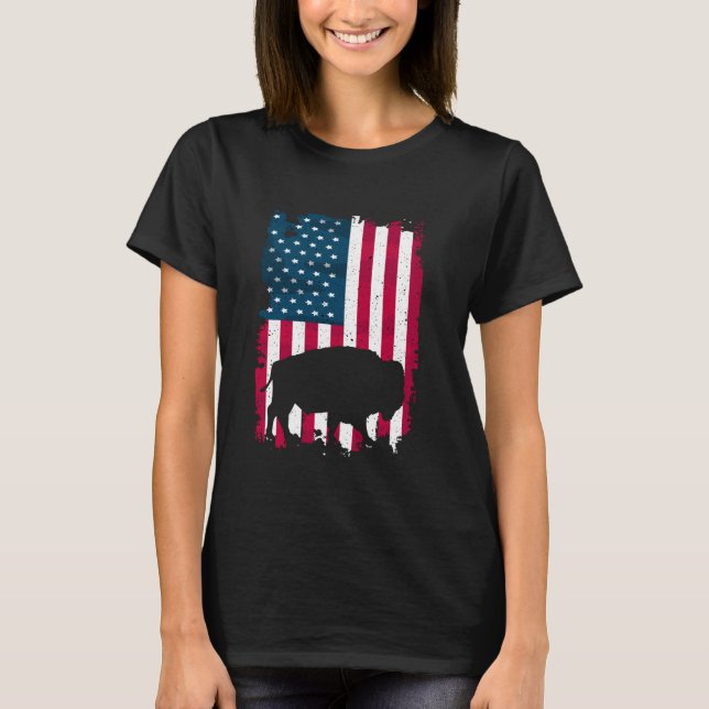 Buffalo Bison American Flag July 4th USA Patriotic T-Shirt (Front)