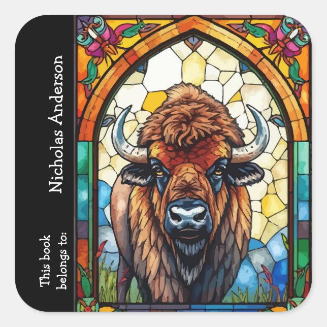 Buffalo Bison Animal Nature art Custom Bookplate Square Sticker (Front)