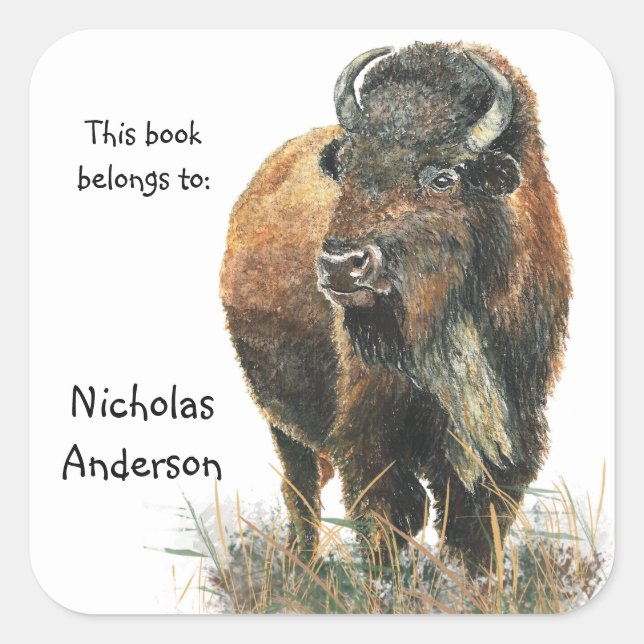 Buffalo Bison Animal Nature art Custom Bookplate Square Sticker (Front)