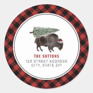 Buffalo Bison Christmas Tree Red Plaid Address Classic Round Sticker