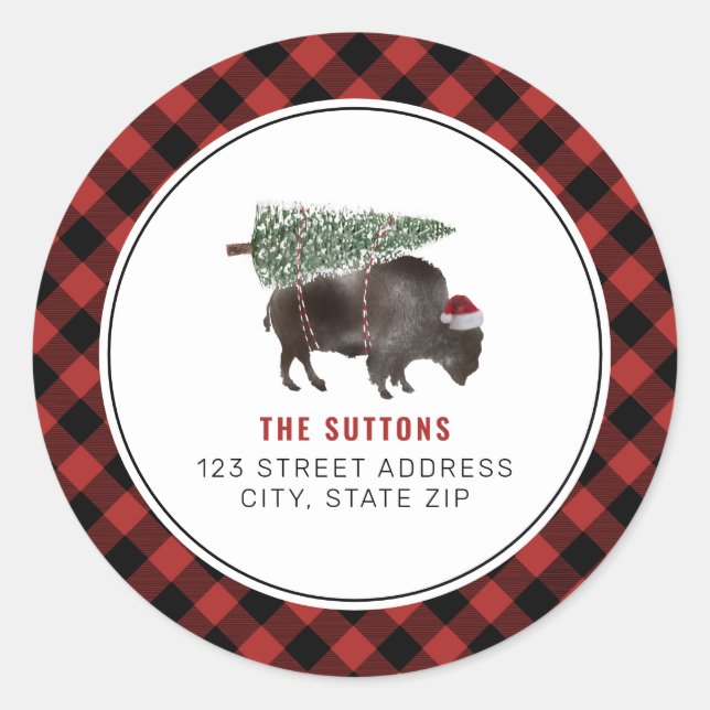 Buffalo Bison Christmas Tree Red Plaid Address Classic Round Sticker (Front)