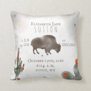 Buffalo Bison Desert Cacti Baby Birth Stats Floral Cushion