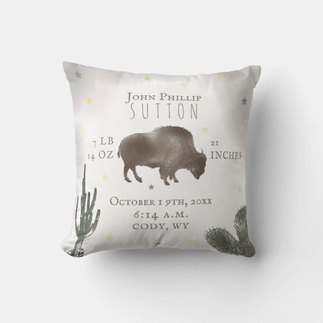 Buffalo Bison Desert Cactus Baby Birth Stats Cushion (Front)