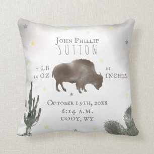 Buffalo Bison Desert Cactus Baby Birth Stats Cushion