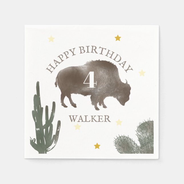 Buffalo Bison Desert Cactus Ranch Western Birthday Napkin (Front)
