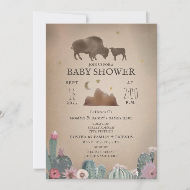 Buffalo Bison Desert Floral Girl Baby Shower Invitation (Front)