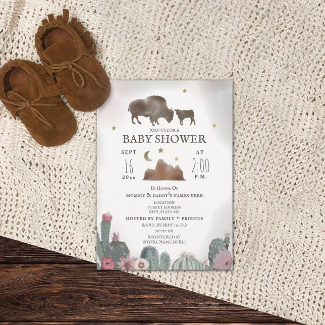 Buffalo Bison Floral Cactus Girl Baby Shower  Invitation (Creator Uploaded)