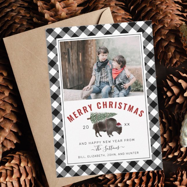 Buffalo Bison Merry Christmas Tree Plaid Photo  Holiday Card (Creator Uploaded)